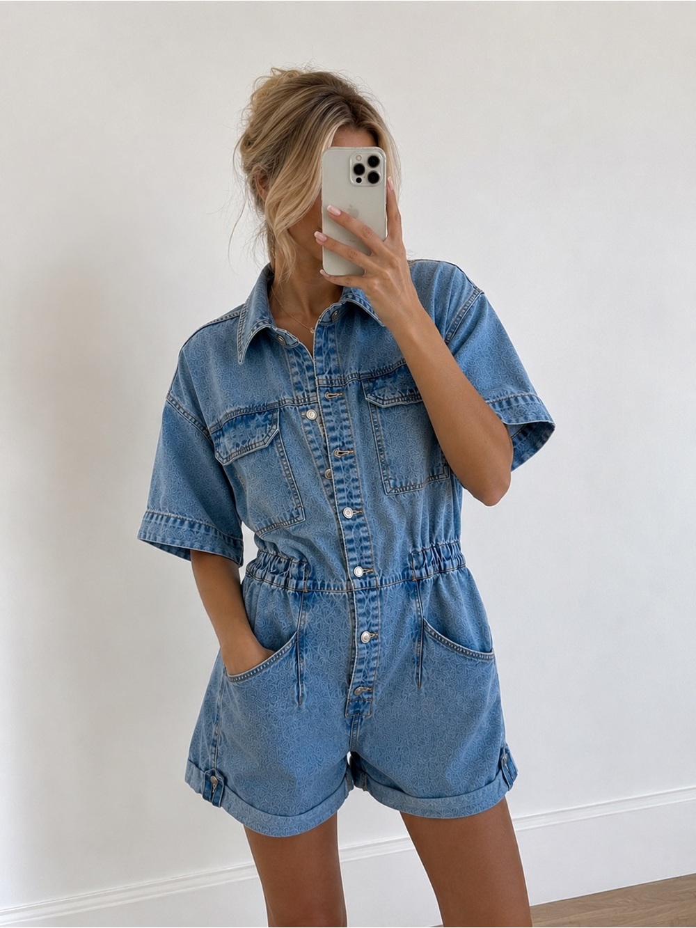 We The Free Light Blue Denim Short Jumpsuit
